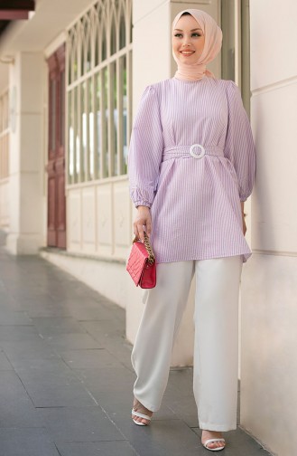Çizgili Kuşaklı Tunik 10800-04 Pudra