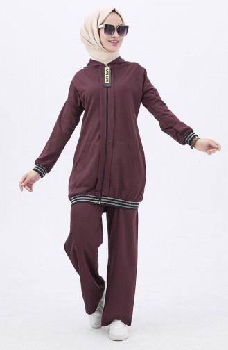 Fermuarlı Tunik Pantolon İkili Takım 11021-01 Kahverengi