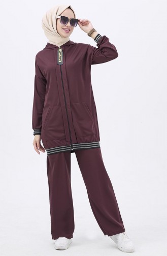 Fermuarlı Tunik Pantolon İkili Takım 11021-01 Kahverengi