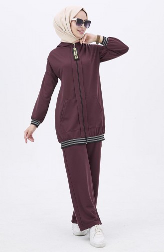 Fermuarlı Tunik Pantolon İkili Takım 11021-01 Kahverengi