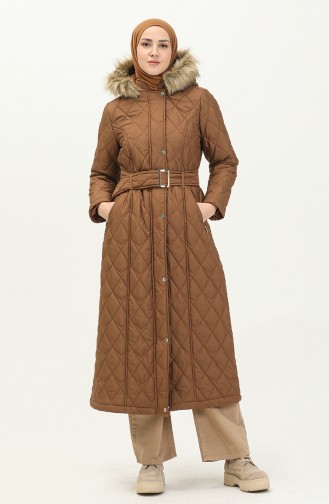 Fur Detail Belted Quilted Coat 504223a-02 Tan 504223A-02