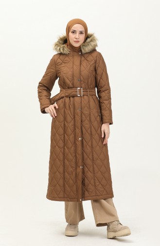 Fur Detail Belted Quilted Coat 504223a-02 Tan 504223A-02