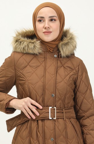 Fur Detail Belted Quilted Coat 504223a-02 Tan 504223A-02