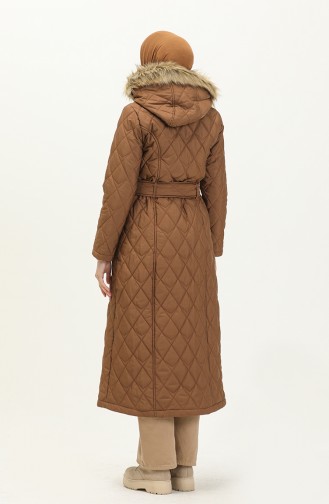 Fur Detail Belted Quilted Coat 504223a-02 Tan 504223A-02