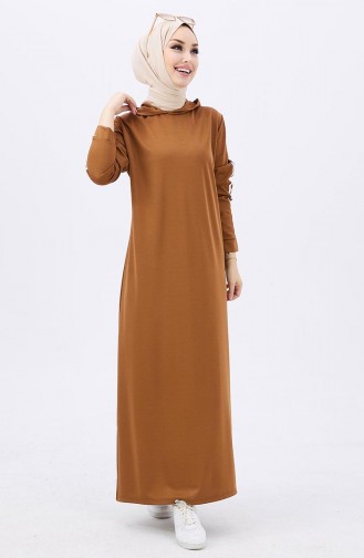 Kapüşonlu Düz Elbise 11048-06 Taba