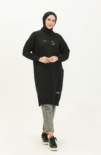 Yazı Desenli Spor Tunik 2672-06 Siyah