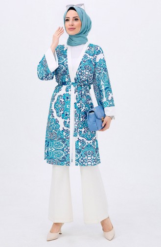 Patterned Belted Kimono 10164-01 Blue 10164-01