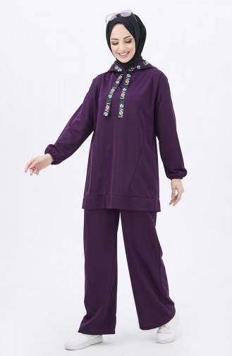 Hooded Tunic Pants Two Piece Suit 1056-06 Purple 11056-06