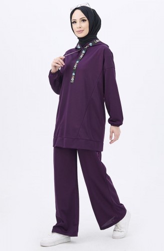 Kapüşonlu Tunik Pantolon İkili Takım 11056-06 Mor