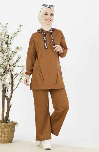 Kapüşonlu Tunik Pantolon İkili Takım 11056-08 Taba