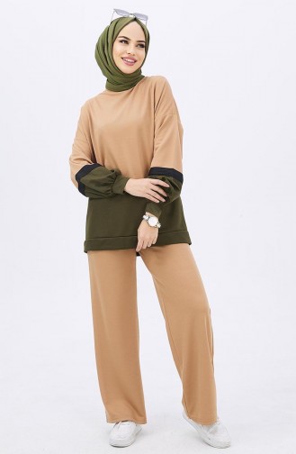 Color Block Tunic Pants Two Piece Suit 11059-01 Khaki 11059-01