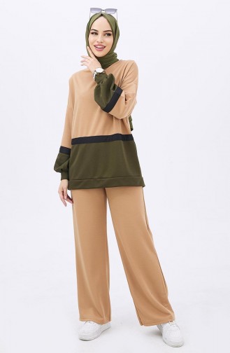 Color Block Tunic Pants Two Piece Suit 11059-01 Khaki 11059-01