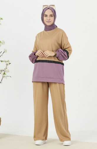 Color Block Tunic Pants Two Piece Suit 11059-03 Lilac 11059-03