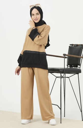 Color Block Tunic Pants Two Piece Suit 11059-04 Black 11059-04