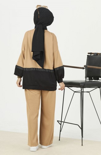 Color Block Tunic Pants Two Piece Suit 11059-04 Black 11059-04
