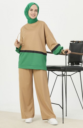 Color Block Tunic Pants Two Piece Suit 11059-05 Green 11059-05