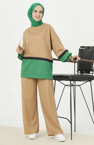 Color Block Tunic Pants Two Piece Suit 11059-05 Green 11059-05