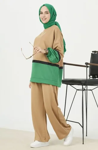 Color Block Tunic Pants Two Piece Suit 11059-05 Green 11059-05