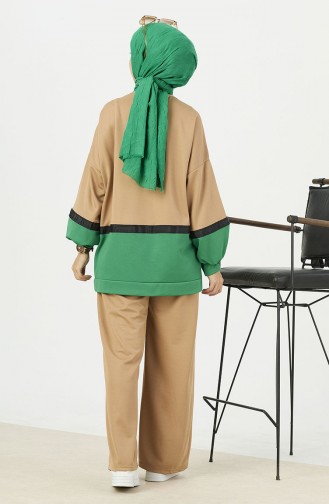 Color Block Tunic Pants Two Piece Suit 11059-05 Green 11059-05