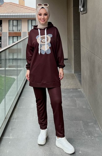 Printed Tunic Pants Two Piece Suit 11096-02 Brown 11096-02