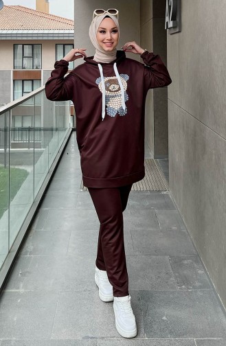Printed Tunic Pants Two Piece Suit 11096-02 Brown 11096-02
