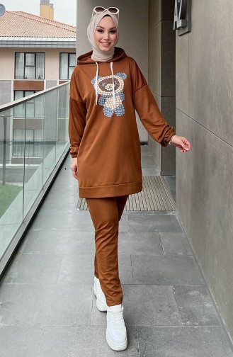 Printed Tunic Pants Two Piece Suit 11096-04 Tan 11096-04
