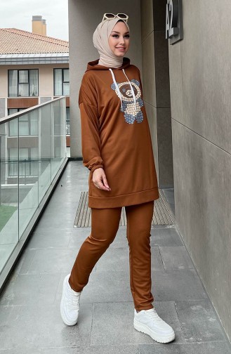 Printed Tunic Pants Two Piece Suit 11096-04 Tan 11096-04