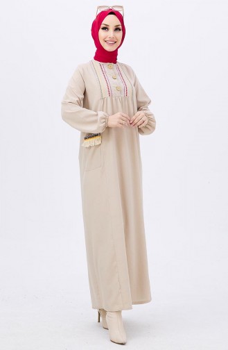 Robe Brodée à Poche 10317-01 Beige 10317-01