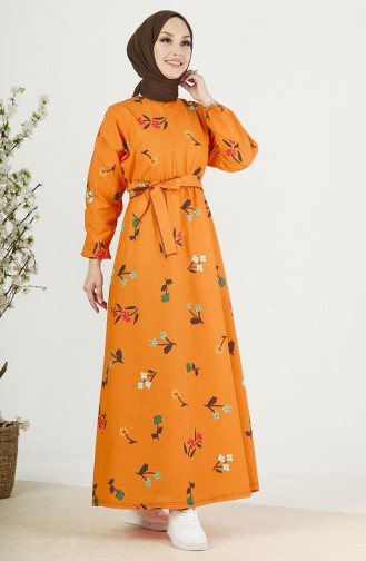 Gemustertes Kleid mit Gürtel 11062-01 Orange 11062-01