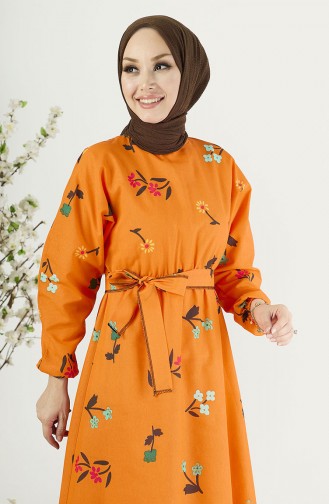 Gemustertes Kleid mit Gürtel 11062-01 Orange 11062-01