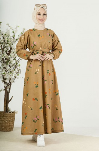 Desenli Kuşaklı Elbise 11062-02 Vizon