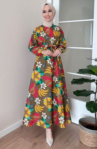 Robe Ceinturée à Motifs 11063-01 Brun 11063-01