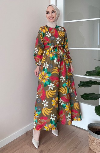 Robe Ceinturée à Motifs 11063-01 Brun 11063-01