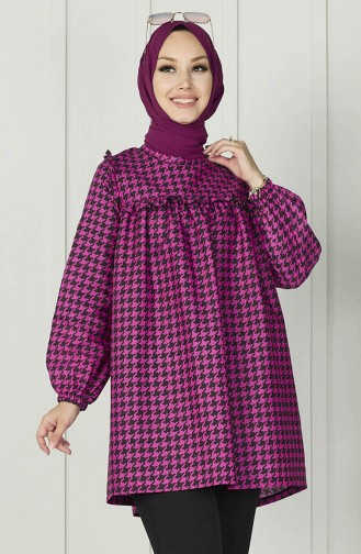 Houndstooth Pattern Ruffled Tunic 11076-01 Fuchsia 11076-01