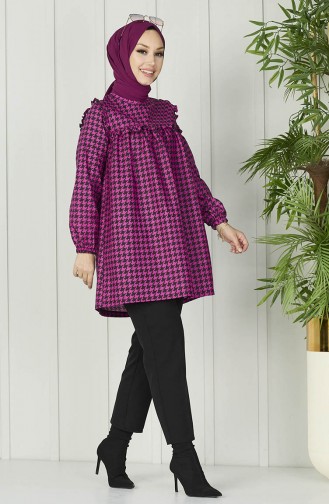 Houndstooth Pattern Ruffled Tunic 11076-01 Fuchsia 11076-01