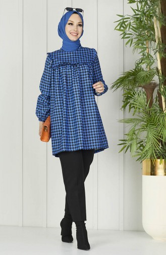 Houndstooth Pattern Ruffled Tunic 11076-02 Blue 11076-02