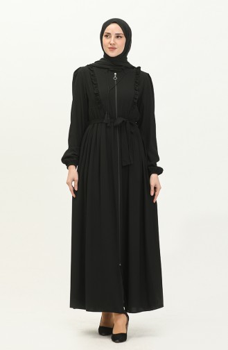 Frilly Belted Abaya 3017-01 Black 3017-01