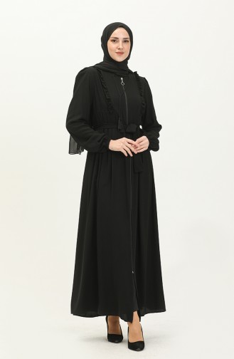 Abaya Ceinturée à Froufrous 3017-01 Noir 3017-01