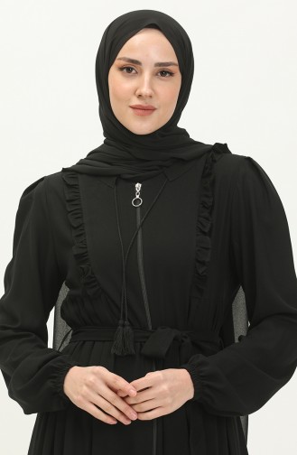 Frilly Belted Abaya 3017-01 Black 3017-01