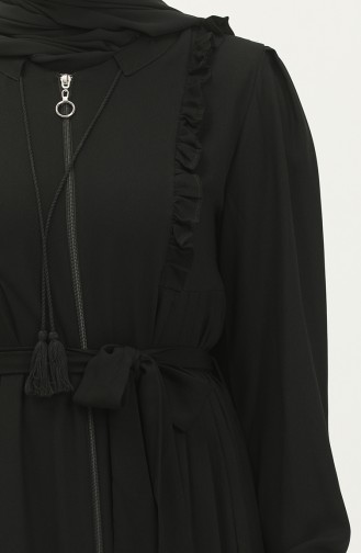 Abaya Ceinturée à Froufrous 3017-01 Noir 3017-01