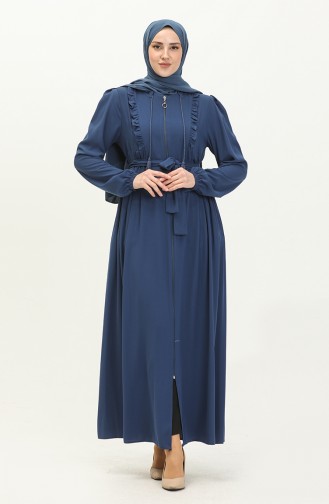 Frilly Belted Abaya 3017-02 Indigo 3017-02