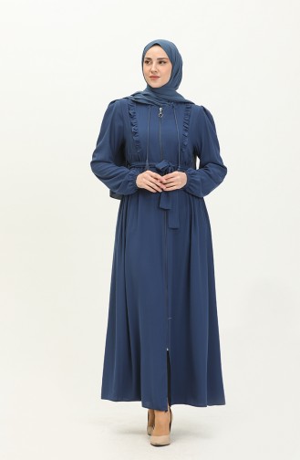 Abaya Ceinturée à Froufrous 3017-02 İndigo 3017-02