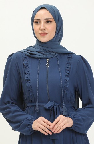 Frilly Belted Abaya 3017-02 Indigo 3017-02