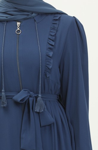 Frilly Belted Abaya 3017-02 Indigo 3017-02