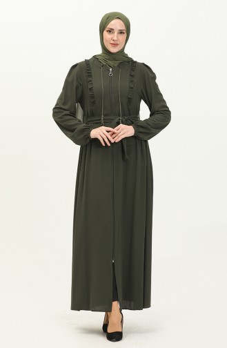 Frilly Belted Abaya 3017-03 Khaki 3017-03