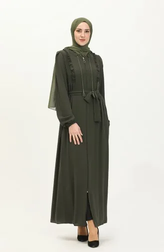 Abaya Ceinturée à Froufrous 3017-03 Khaki 3017-03
