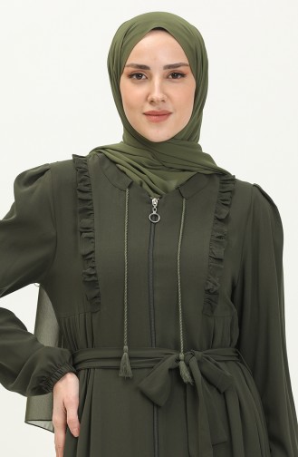 Frilly Belted Abaya 3017-03 Khaki 3017-03