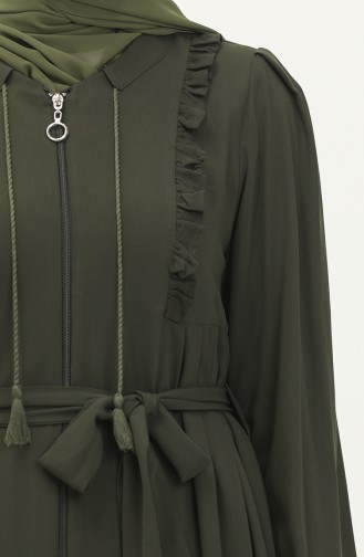 Abaya Ceinturée à Froufrous 3017-03 Khaki 3017-03