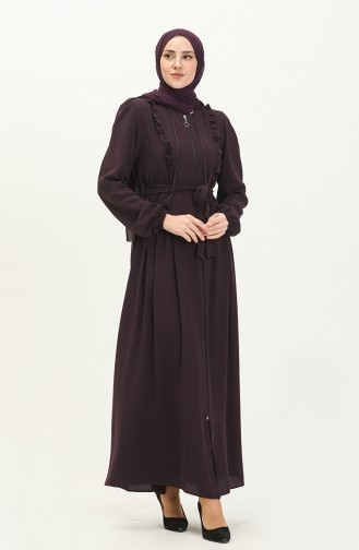 Frilly Belted Abaya 3017-04 Plum 3017-04