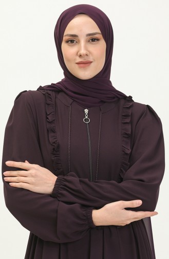 Frilly Belted Abaya 3017-04 Plum 3017-04